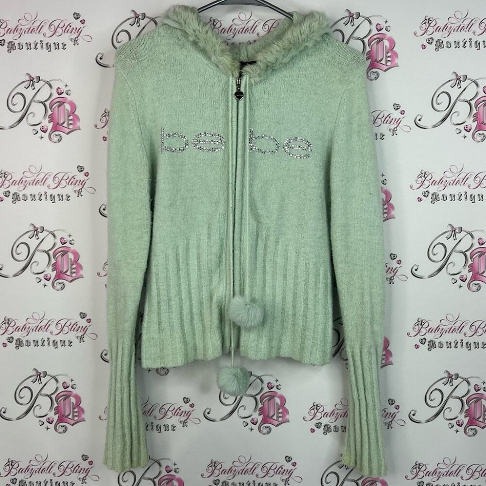 Bebe angora rabbit fur sweater hoodie Light Green Ribbed Sweater with Pom-Poms
